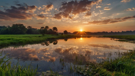 Sunset over the river in the countryside with reflection in the waterの写真素材