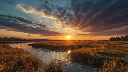 Sunset over a small river in summer. Landscape panorama.の写真素材