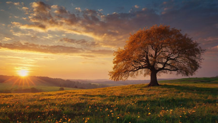 Beautiful autumn landscape with single tree on meadow at sunset.