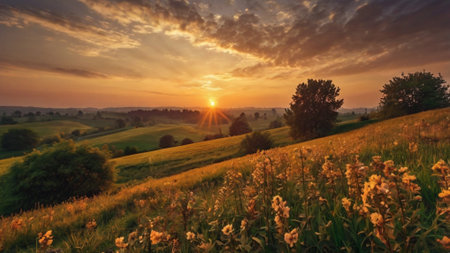Sunset over the meadow and village. Beautiful summer landscape.