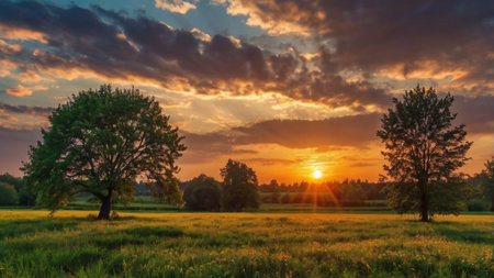 Sunset over a meadow with trees and grass in the foregroundの写真素材
