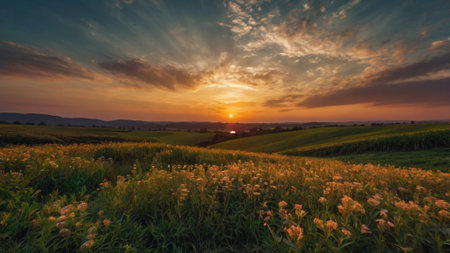 Sunset over a field with wildflowers in the foreground.の写真素材