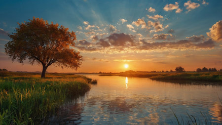 Beautiful sunset over a small river with a tree in the foregroundの写真素材