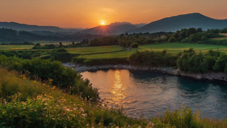 Sunset over the river and the mountains. Beautiful summer landscape.の写真素材