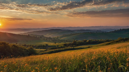 Sunset in the Tuscany, Italy. Panoramic view of the hillsの写真素材