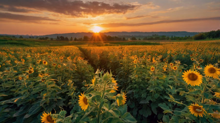 Sunflowers in the field at sunset. Landscape with sunflowers.の写真素材