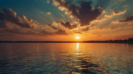 Beautiful sunset over the lake with clouds and sky reflected in waterの写真素材
