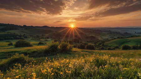 Sunset in Tuscany, Italy. Panoramic image.の写真素材