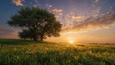 Lonely tree in the meadow at sunset, panoramaの写真素材