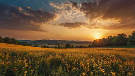 Sunset over the field with yellow flowers. Beautiful summer landscape.の写真素材