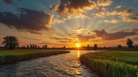 Sunset over the rice field, Panoramic viewの写真素材