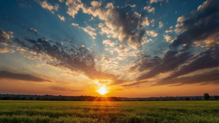 Sunset over a field with green grass and clouds in the skyの写真素材