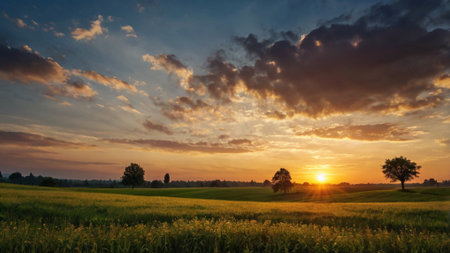 Sunset over a green field with trees and clouds in the skyの写真素材