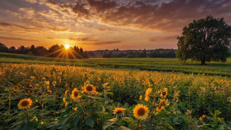 Sunset over sunflowers field. Countryside landscape at sunset.の写真素材