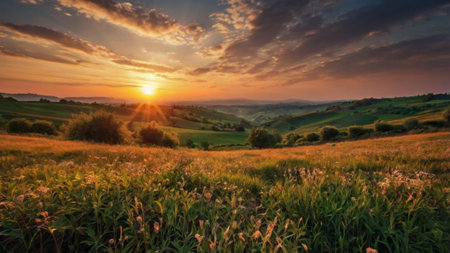 Sunset in landscape with summer meadowの写真素材