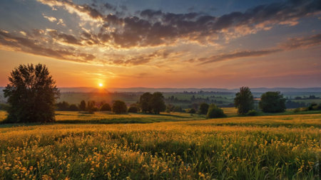 Sunset over the field with yellow flowers. Beautiful summer landscape.の写真素材