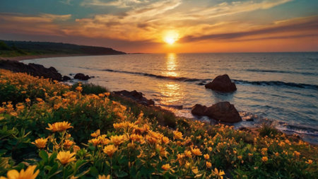 Sunset over the sea with yellow flowers on the foreground. Beautiful landscape.の写真素材