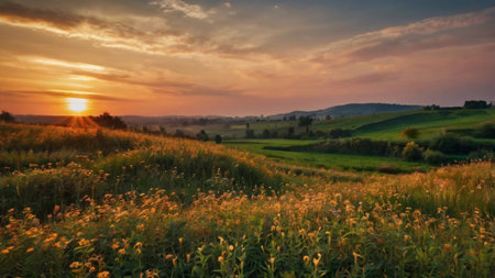 Sunset over a meadow with wildflowers in the foregroundの写真素材