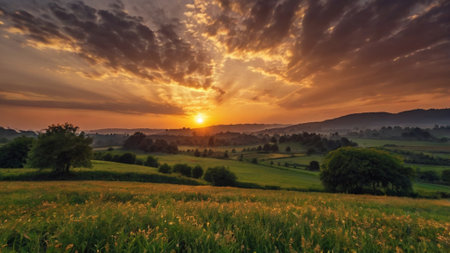 Sunset over a meadow in the countryside of Bavaria, Germany