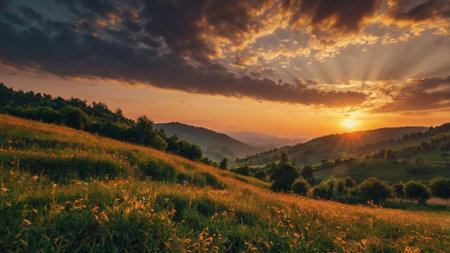 Beautiful summer landscape in the Carpathian mountains at sunset.の写真素材