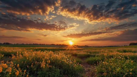 Sunset over the field with grass and flowers. Nature composition.の写真素材