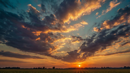 Sunset over a field with grass and clouds in the sky.の写真素材