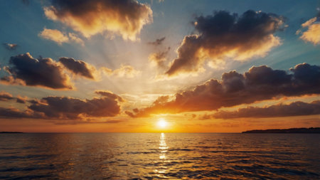 Beautiful sunset over the sea. Dramatic cloudscape. Panoramic view.の写真素材