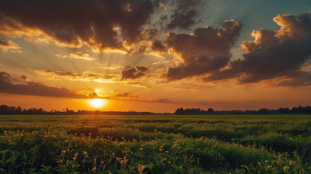 Sunset over the soybean field in the countryside. Agricultural landscape.の写真素材