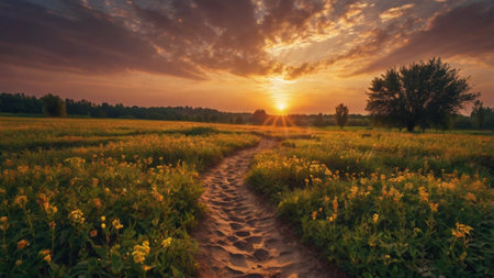Sunset over the field with sunflowers. Landscape.の写真素材