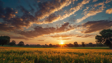 Sunset over a field with yellow flowers in the foreground and trees in the backgroundの写真素材
