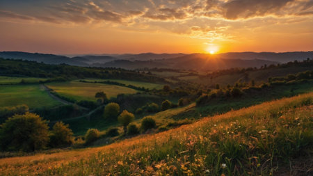 Sunset in the mountains. Panoramic view of hills and meadows.の写真素材