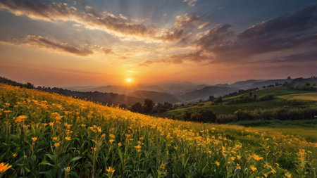 Landscape of beautiful yellow flower meadow at sunset in the mountainsの写真素材