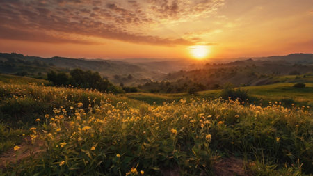 Sunset in the mountains. Beautiful summer landscape with yellow flowers.の写真素材