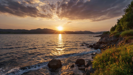 Sunset over the sea in Montenegro, Adriatic Seaの写真素材
