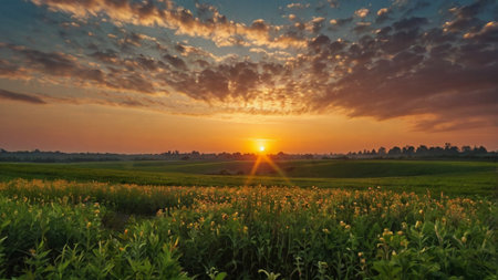 Sunset over a field with sunflowers in the foreground.の写真素材