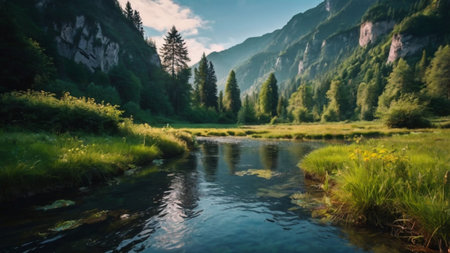 Beautiful view of the river in the mountains. Summer landscape.の写真素材