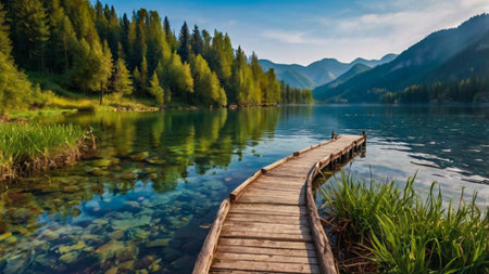 Wooden pier on the lake in the mountains. Summer landscape.の写真素材