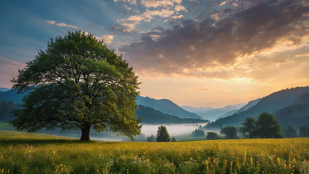 Beautiful summer landscape with lonely tree on meadow at sunset.