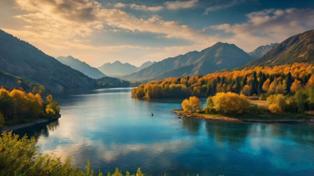 Panoramic view of the river and mountains. Beautiful autumn landscape.の写真素材