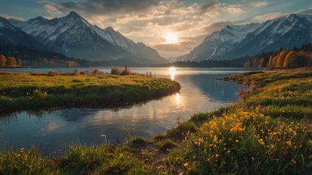 Sunset over the lake with mountains in the background and yellow flowers.の写真素材