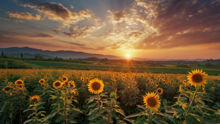 Sunflower field at sunset. Beautiful landscape with sunflowers.