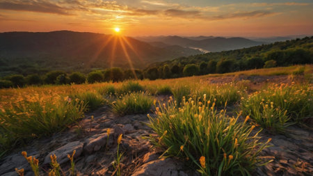 Sunset in the mountains with grass and flowers on the foreground.の写真素材