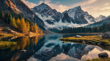 Autumn alpine lake with reflection of mountains and clouds in the waterの写真素材