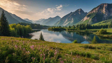 Panoramic view of the mountain lake in the mountains. Summer landscape.