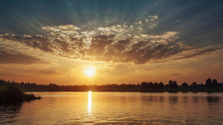 Sunset over the lake. Beautiful sunset over the lake. Landscape.の写真素材