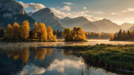 Beautiful autumn landscape with lake and mountainsの写真素材