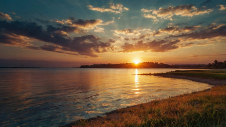 Beautiful sunset over the lake. Sunset over the lake. Panoramaの写真素材