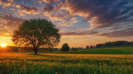 Lonely tree in the meadow at sunset. Beautiful summer landscape.の写真素材