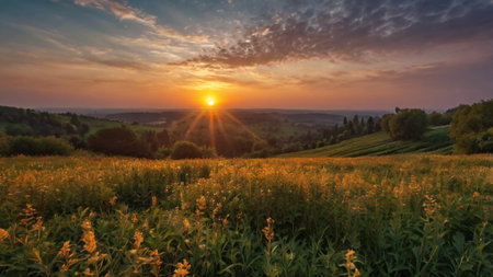 Sunset over the meadow with sunflowers. Tuscany, Italyの写真素材