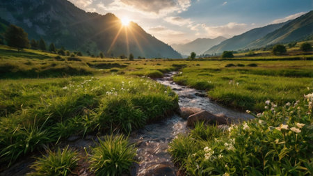 Panoramic view of a mountain stream flowing through the meadow at sunsetの写真素材